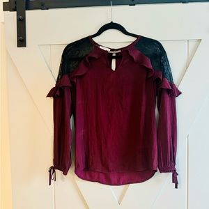 Maroon/ dark purple long sleeve top with black lace accent, XS fits like S